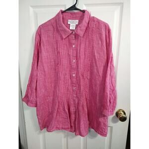 Catalog Favorites Woman 3X Pink Shirt Collared Pleated 3/4 Sleeve Button...